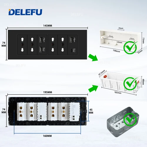Imagen 2 del producto DELEFU-Panel ignífugo SC31 de 195mm, negro, estándar italiano, USB tipo C, interruptor de toma de pared de carga rápida, TV, teléfono, CAT5, CAT6