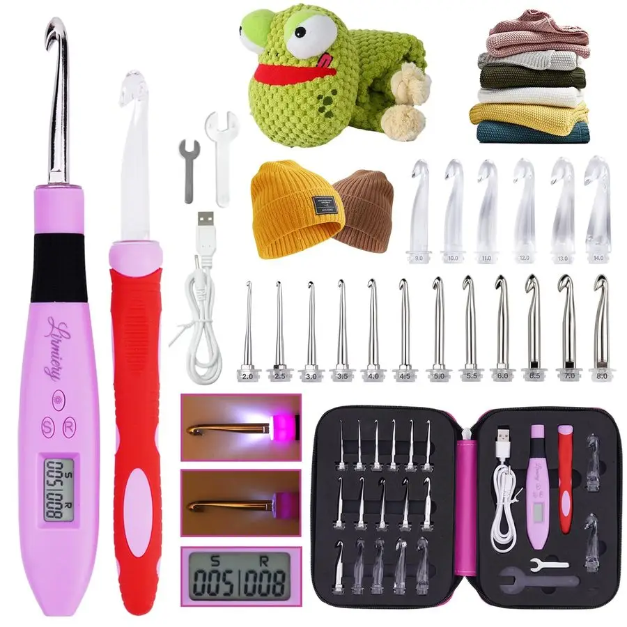 

Size Counting Crochet Hooks Set Digital with Light up Crochet Hooks Set Ergonomic Soft Grip,Lighted Crochet Hook for Stitch amp