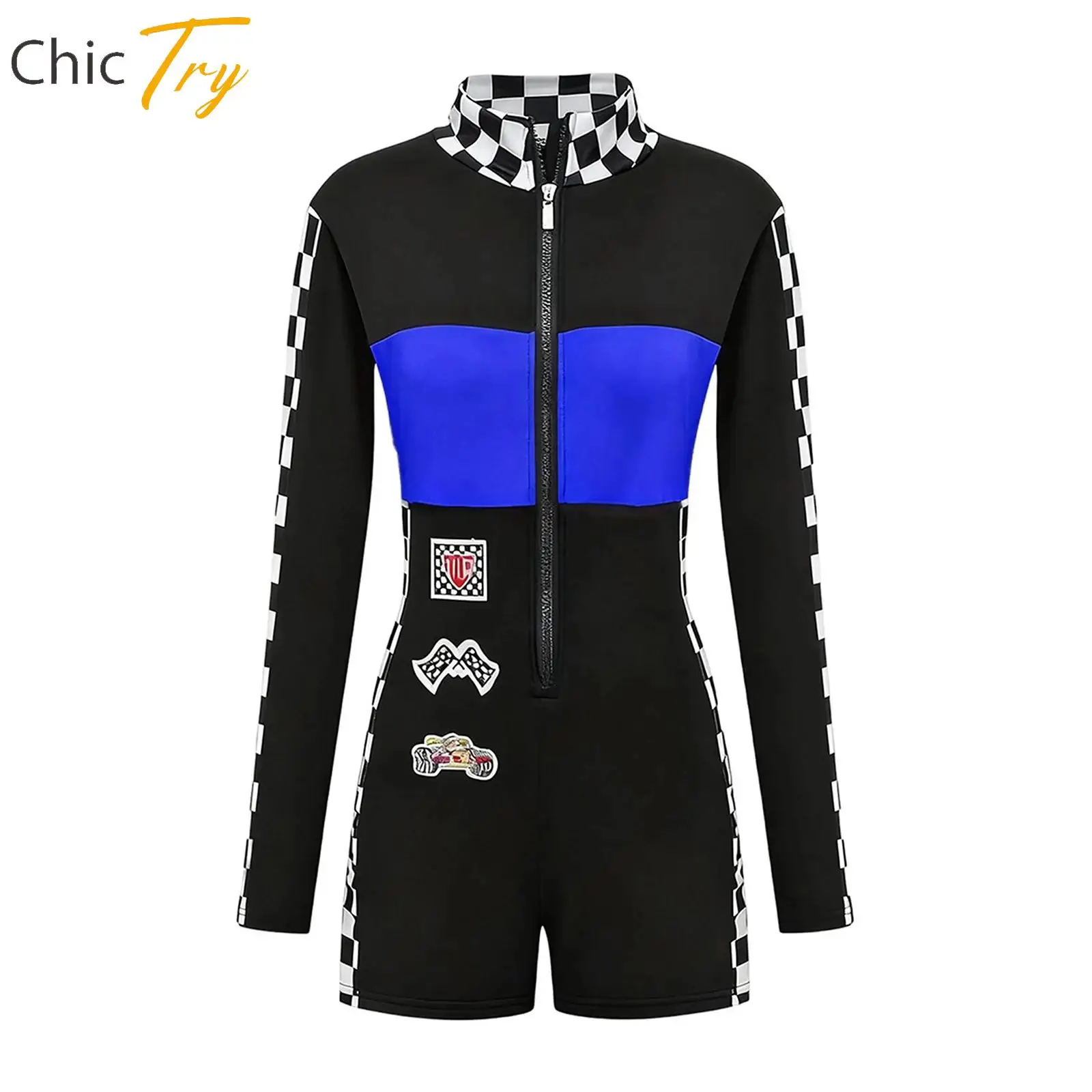 

Womens Halloween Racing Driver Cosplay Party Costume Long Sleeve Plaid Thigh Length Bodysuit Cheerleading Uniform Dancewear