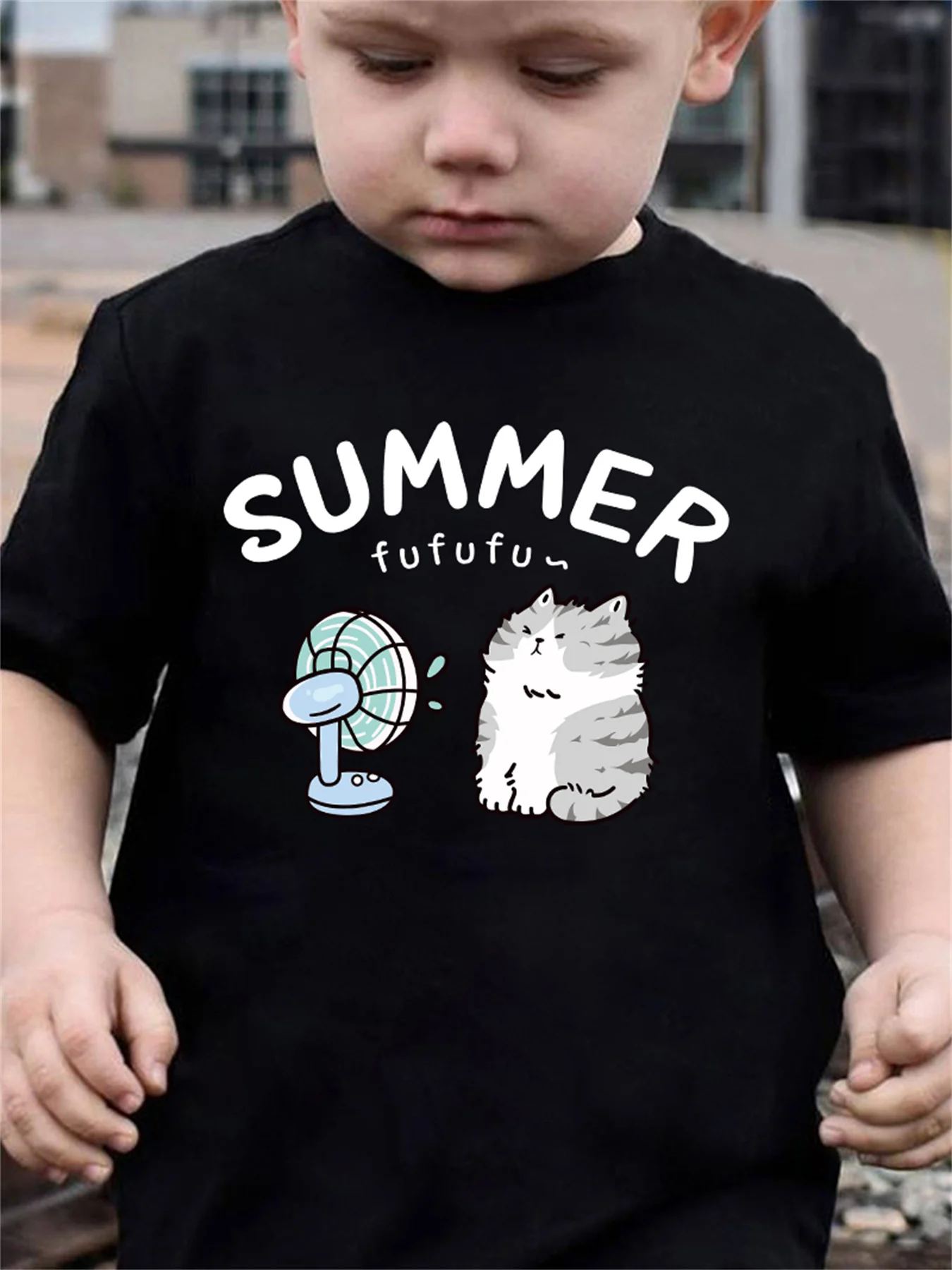 Summer Fluffy Cat Electric Fan Cartoon Print Family Matching Cotton Tees Short Sleeve Tops For Mom Dad Boys Girls Daily Wear