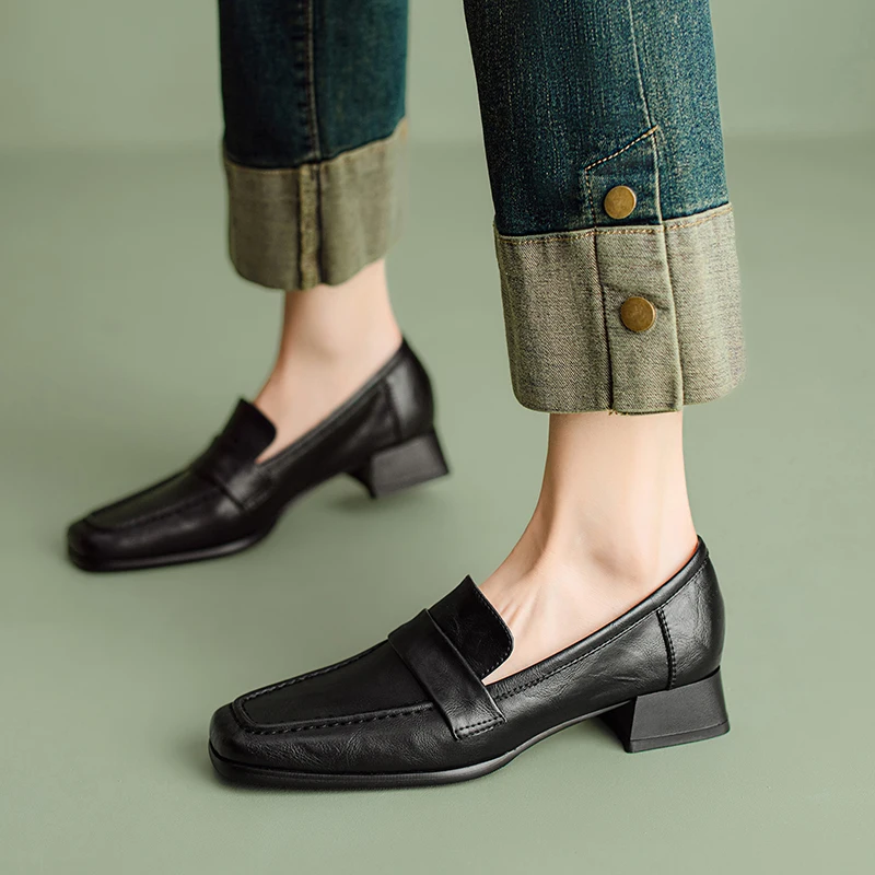 Mocasines de cuero partido con punta cuadrada para mujer, zapatos de tacón alto con empalme, color negro, para primavera y otoño