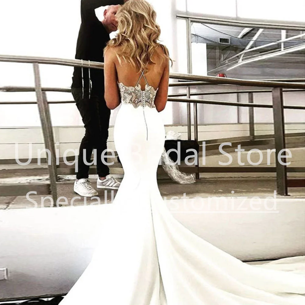 Customized Jersey Mermaid Wedding Dress Spaghetti Strap V-Neck Criss Cross Straps Covered Button Sleeveless Applique Sexy Vestid