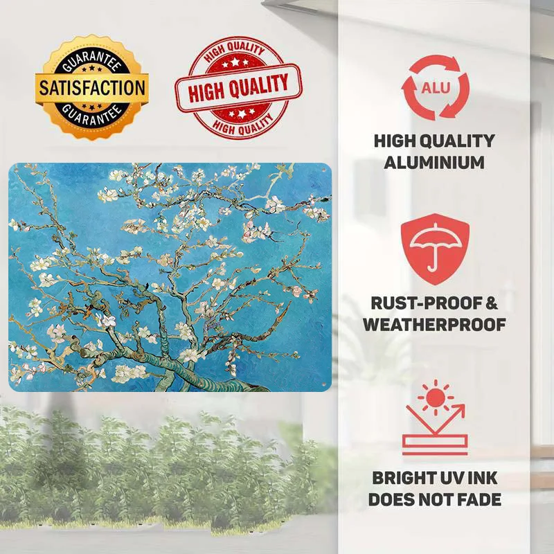 Van Gogh Almond Blossom 3D Texture Metal Poster Customized Wall Art Tin Sign Gift for Mancave Interior Decoration Living Room