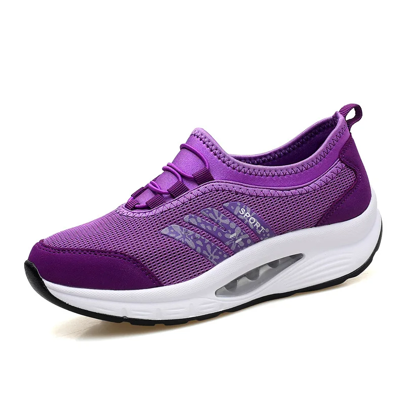 Ladies Casual Shoes  Sneakers Net Air Cushion Breathable Round Shape Elastic Band Solid Color Increase Women Flat