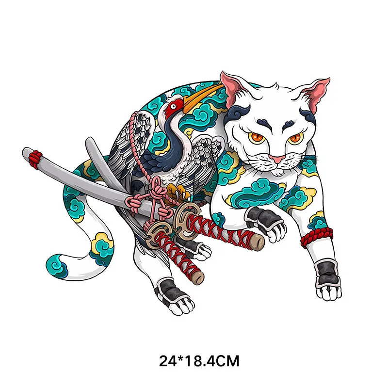 Japanese Cartoon Samurai Cat Heat Transfer Vinyl Patch, DIY Women T-shirt, Custom Sticker on Clothes Decoration