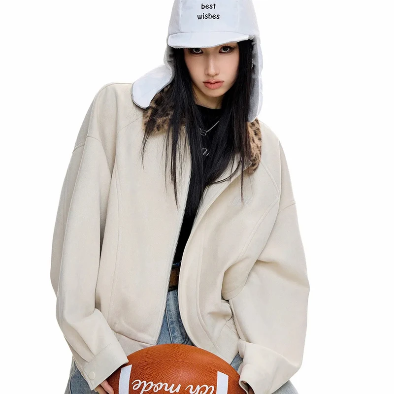 Women Y2K Suede Jacket Leopard Faux Fur Collar Drop Shoulder Coat Zip Up Long Sleeve Loose Fit Retro Streetwear Outerwear Top