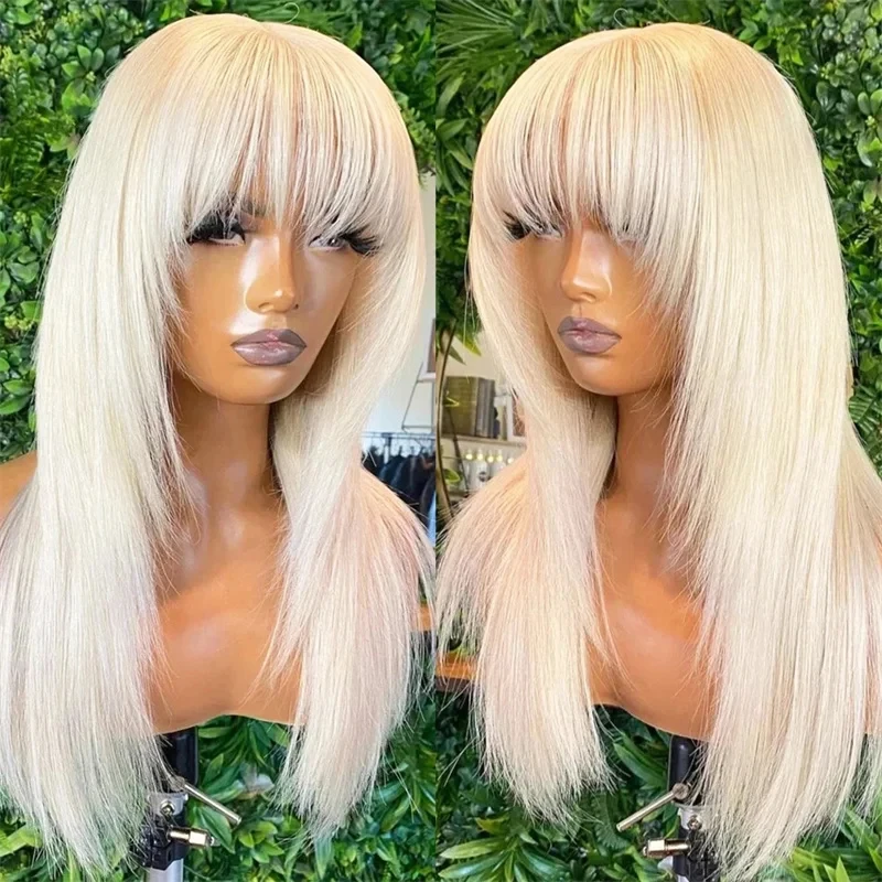 

Layered Straight Hair 150% Density White Colored Synthetic Lace Front Wig With Bangs Human Hair Blend Synthetic Wigs For Women