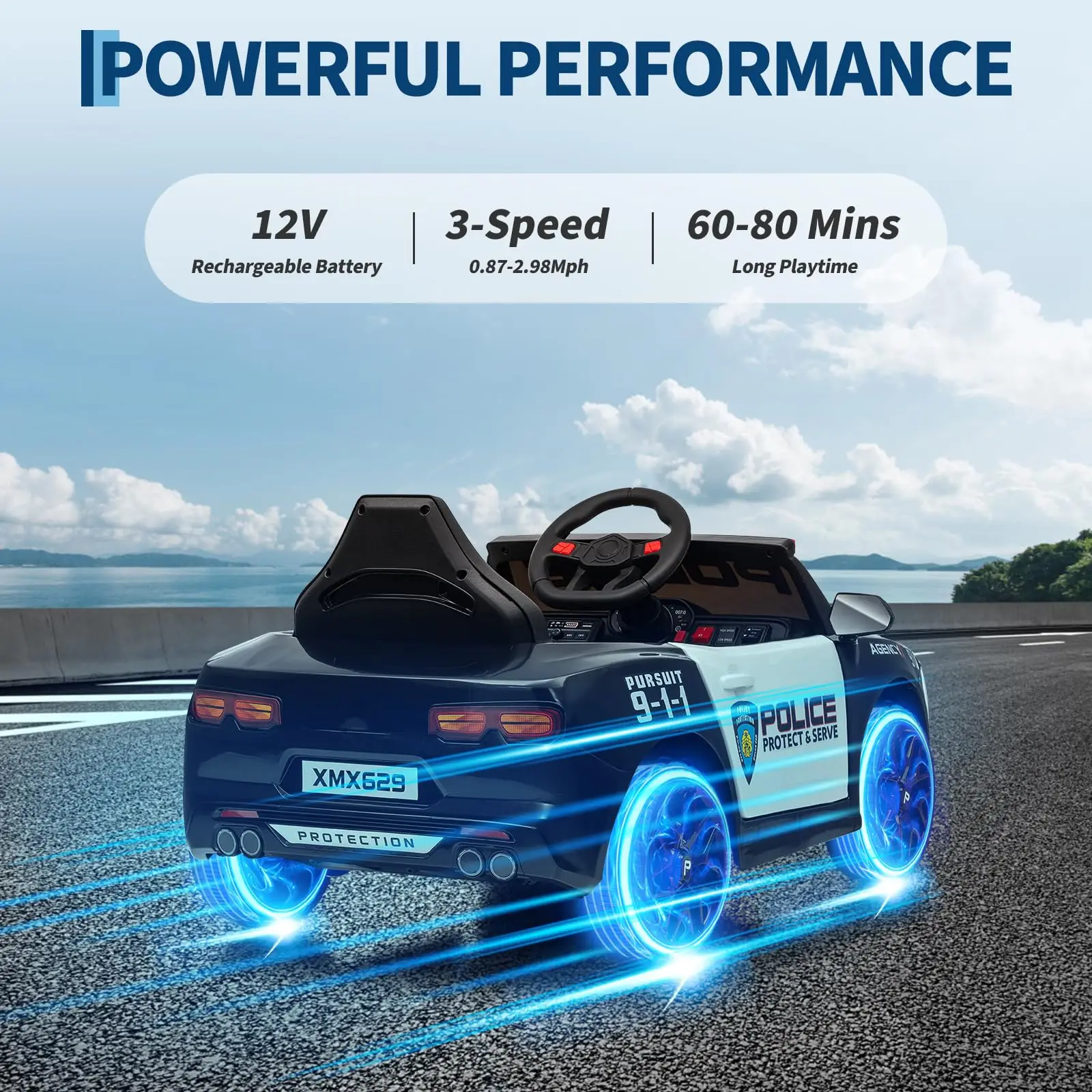 Polizeiauto-Fahrt auf Elektroauto für Kinder, Aufsitzspielzeug, Cop-Autos mit Fernbedienung, Alarmtöne, Megaphon, blinkende Lichter