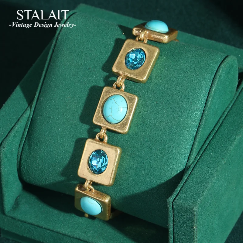 

Vintage Crystal Bracelet Charm For Woman Turquoise Jewelry 18k Real Gold Plated Luxury Designers Summer Accessories 2025 New