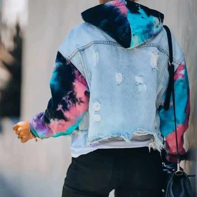 Kurtka jeansowa damska dopasowane kolory Tie-dye wyrwane dziury z frędzlami z długimi rękawami krótka kurtka w stylu ulicznym 2024 jesienna nowa kurtka