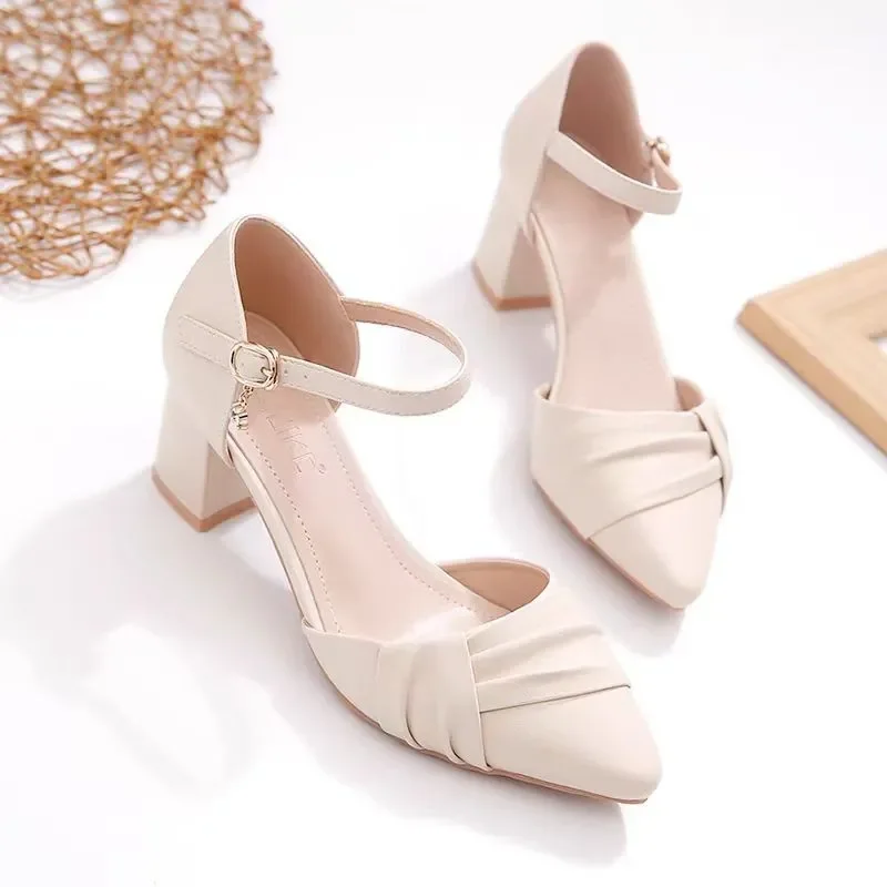 

sapatos femininas zapatos de mujer женские милые бежевые туфли с острым носком и пряжкой на квадратном каблуке, женские повседневные офисные туфли-лодочки ea484