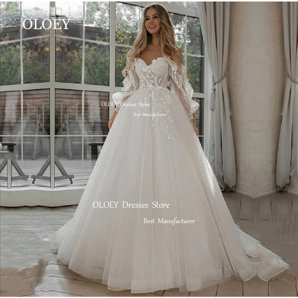 OLOEY Glitter Wedding Dresses Puff Sleeves Appliques Lace 3D Flowers off Shoulder Tulle Boho Bride Gown 2024 Vestidos De Novia