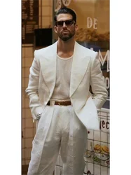 2 Piece High Quality Linen Men Suits Set Fashion Peak Lapel Wedding Groom Tuxedos Smart Casual (Blazer+Pants) Costume Homme