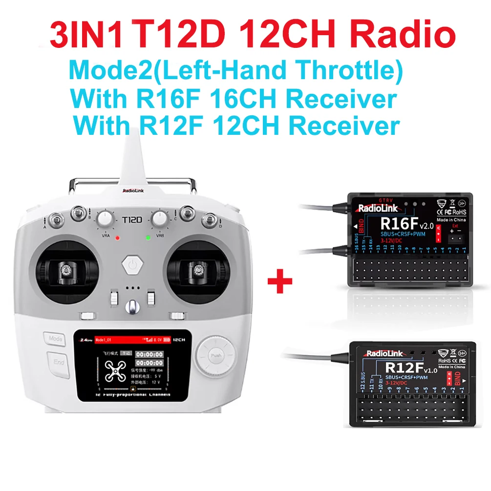 

RadioLink T12D 2.4GHz ELRS 12CH PWM & SBUS & PPM & CRSF 2.8-Inch Screen Radio with R16F 16CH R12F 12CH RX for RC Helicopters