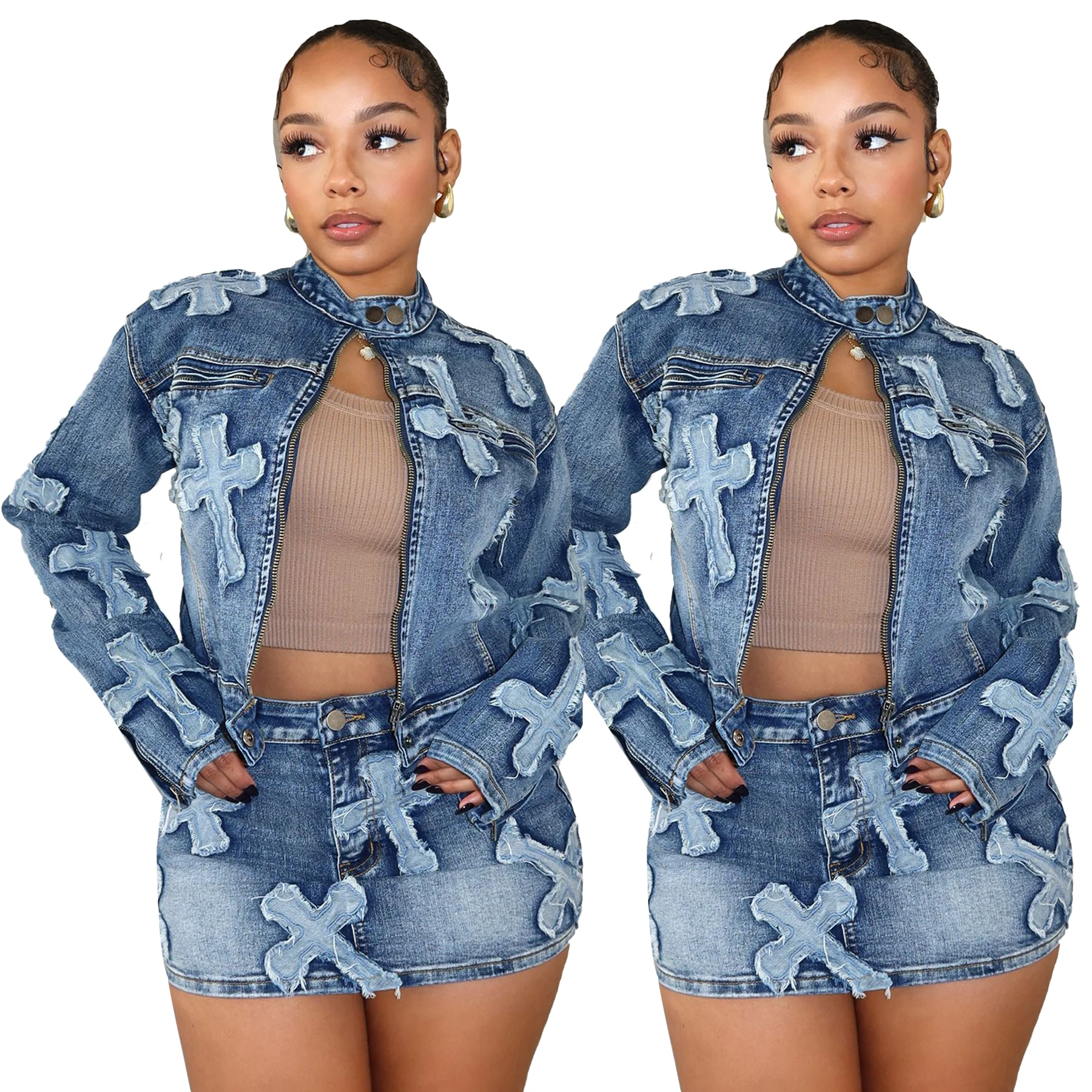 Casual denim two piece skirt sets with women short denim jacket and mini denim skirt