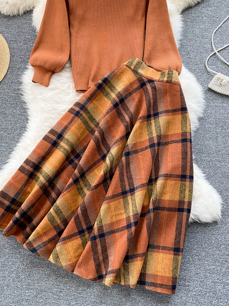 Women Vintage Two Piece Sets Autumn Winter Long Sleeve Pullover Knit Top + High Waist Plaid Long Skirt Orange Elegant Suits