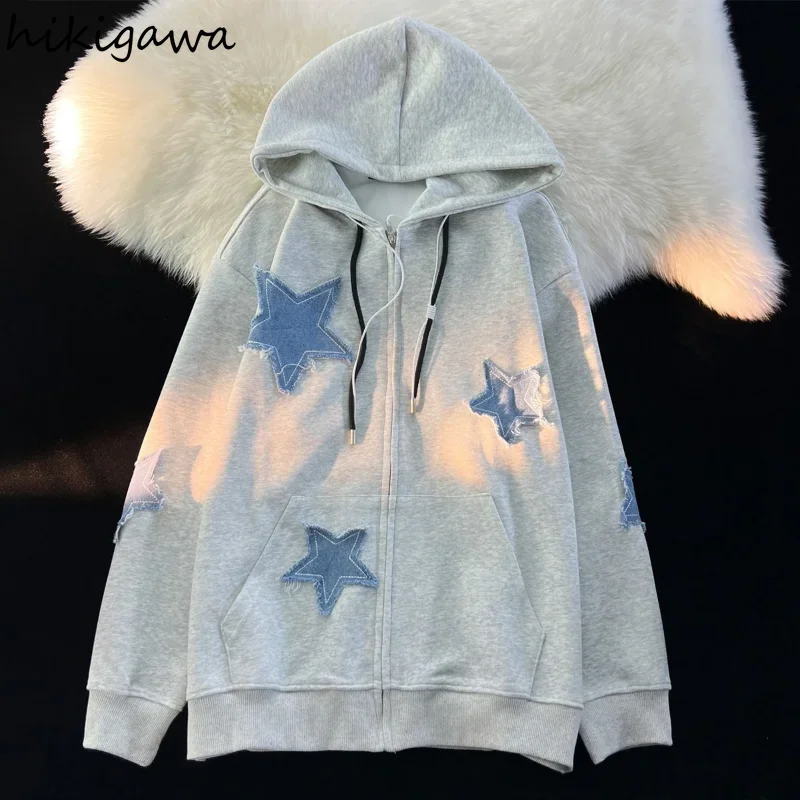 Streetwear Hoodies Women Stars Print Fashion Oversized Outwear Harajuku Casual Hooded Zipper Sweatshirt Jacket Korean Y2k Tops