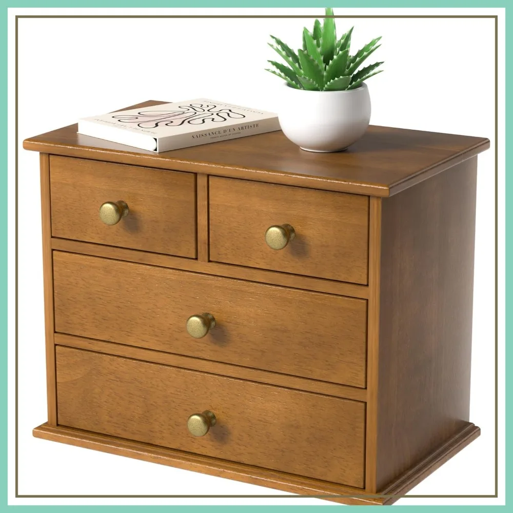 

Wooden Desk Organizer with 4 Drawers, Metal Handles & Non-Slip Pads for Office, Bedroom, Bathroom, Vanity, Makeup – Walnut