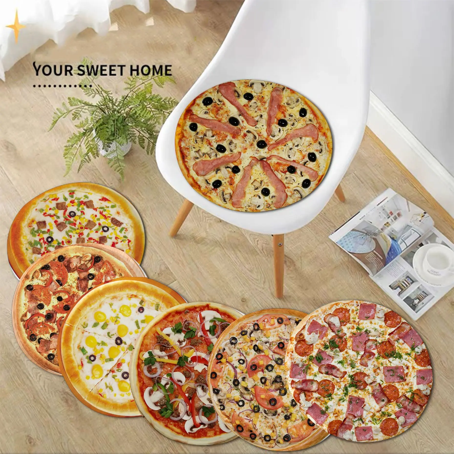 Meat Pizza Round Fabric Cushion Non-slip Living Room Sofa Decor Students Stool Tatami Office Sofa Cushion