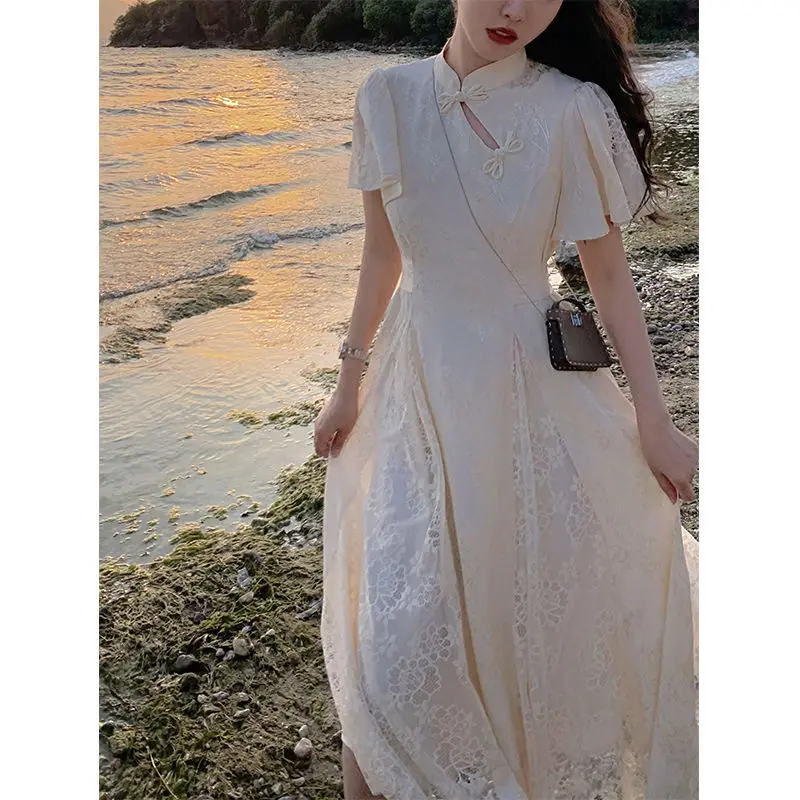 Womens Clothing Retro Chinese Style Hollow Lace Bandage Elegant Party Dresses Summer Short Sleeve Slim Fairy Midi Dress Vestidos