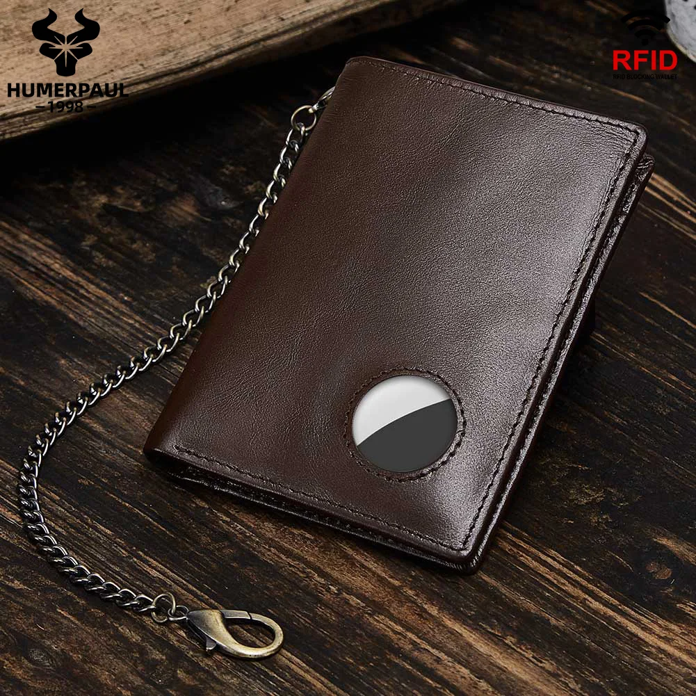 

HUMERPAUL Mens's Wallet Compatible with AirTag Slot RFID Credit Card Holder Purse Top Layer Leather Anti-theft Chain Money Bag