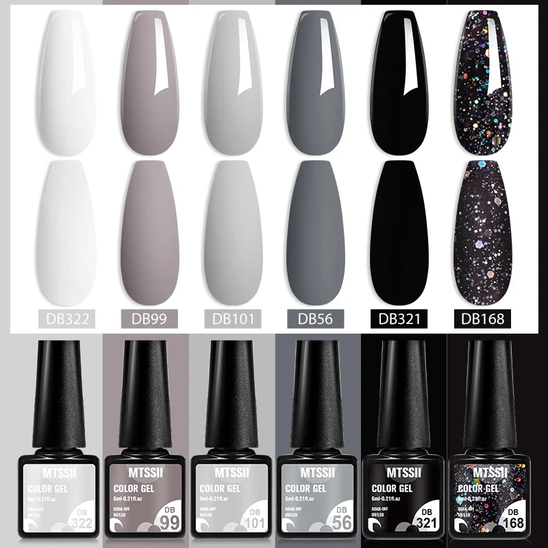 6PCS Nail Polish Gel Set Black White Popular Colors In Autumn Semi Permanent Soak Off UV Nail Art Varnish Kit Manicure Design