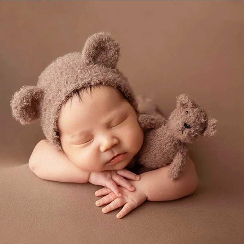 Hand-Crocheted Baby Photography Outfit Cute Bear Style Jumpsuit + Hat 2 Pcs/Set Baby Boy Girl Soft Plush Photography Costumes