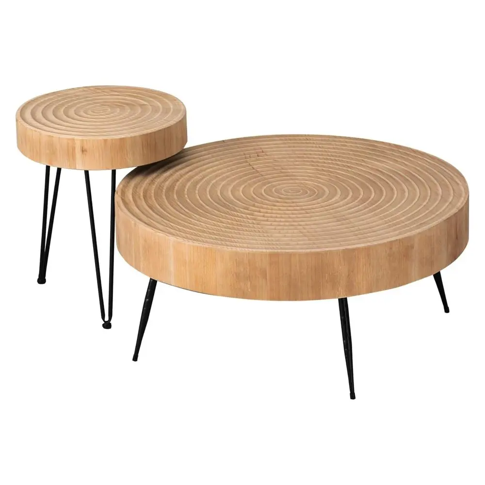

2Piece Round Nesting Coffee Table Set, Natural Wood Top with Black Metal Legs, Ring Pattern Rustic Farmhouse Accent for Living R