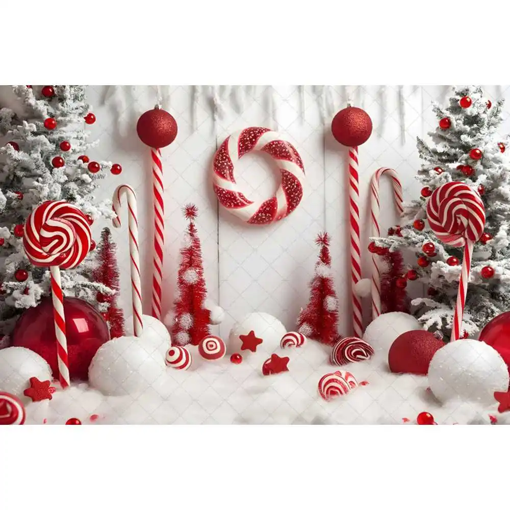 Fond de photographie de canne de bonbon de Noël, décor d'arbre de Noël rouge, toile de fond IkSnowy Wonderland, studio photo d'anniversaire d'enfant, hiver