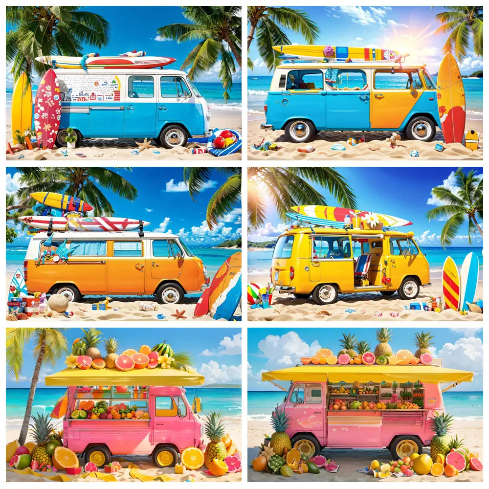 

Summer Beach Backdrop Hawaiian Island Beachfront Ocean Palm Tree Surfboard Car Holiday Party Photography Background Photo Studio