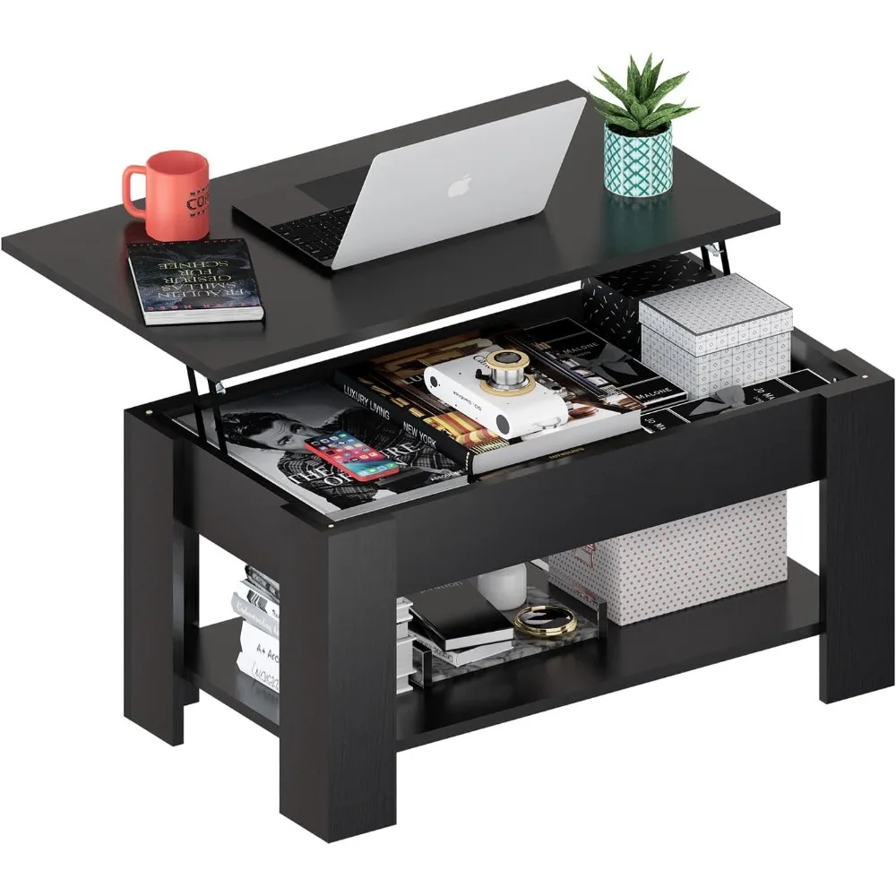 

Lift Top Coffee Table with Hidden Storage Compartment & Open Shelves, 39" Rising Tabletop Table for Living Dining Room，Black