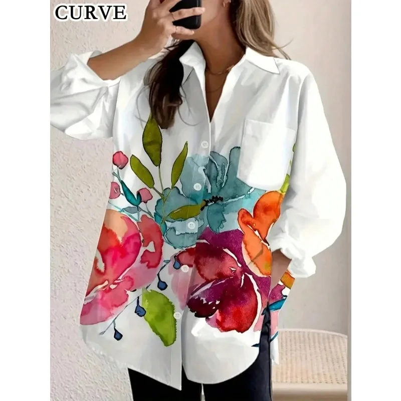 

Плюс размер, новая женская модная осенняя повседневная рубашка с карманом и длинными рукавами с цветочным принтом, однобортная свободная блузка с лацканами
