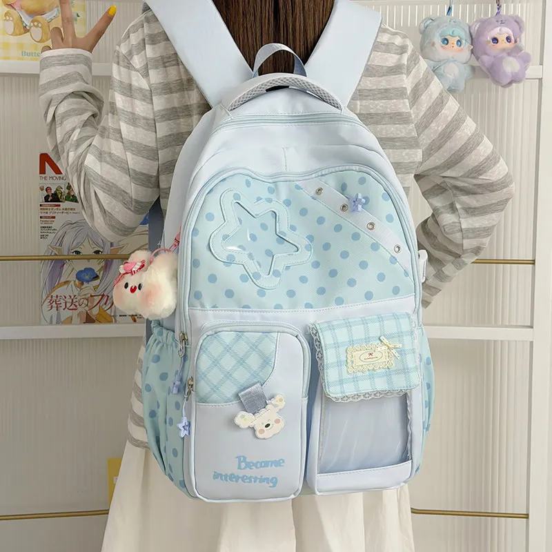 Korean-style new college-style cute backpack for girls, sweet polka dot student school bag, lightweight backpack for women