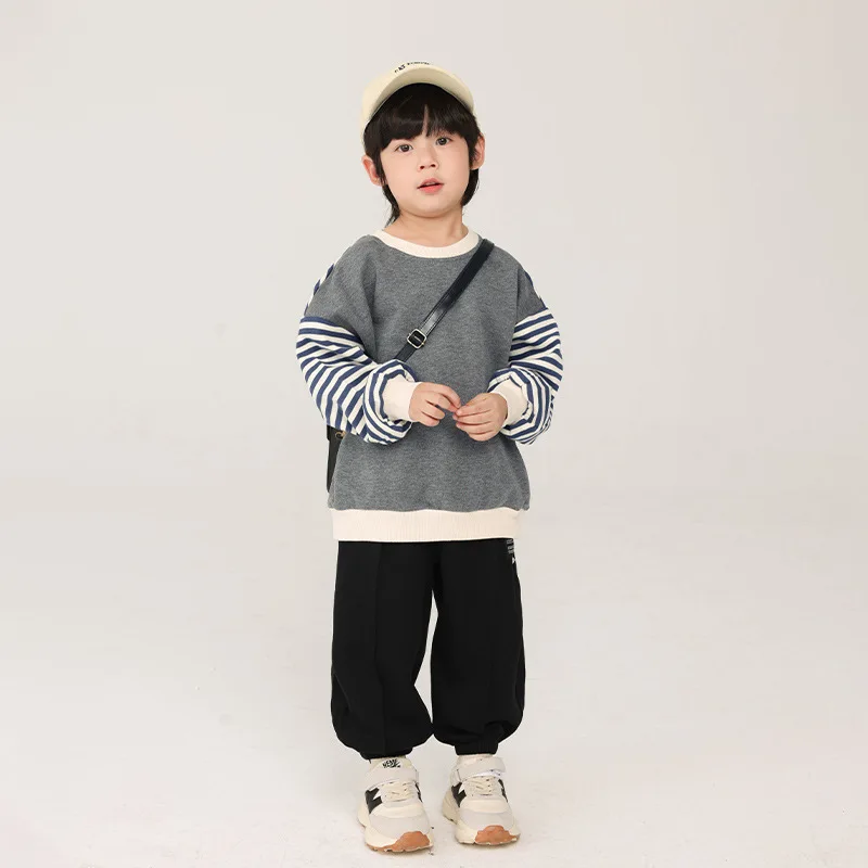 

Boy Hoodie Spring and Autumn 2024 New Spring Boy Korean Style Striped Color Shirt Baby Fashionable Casual Simple Pullover