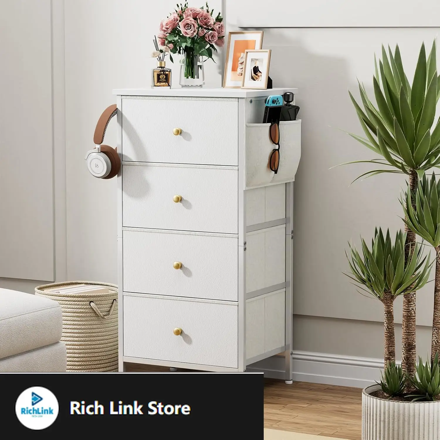 

Tall Dresser with 4 Fabric Drawers, White Dresser for Bedroom, Tall Storage Tower for Closet, Dorm, Nightstand with Side