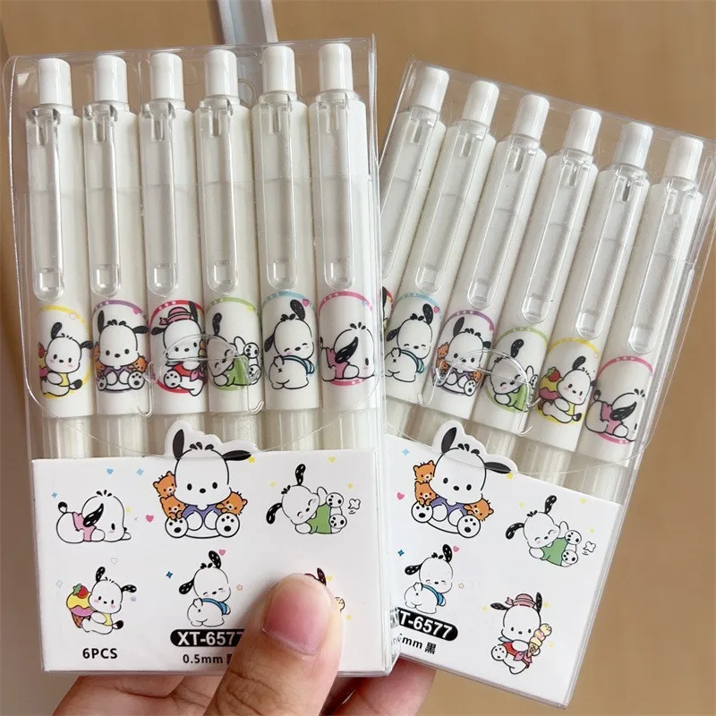 6szt Sanrio Hello Kitty Pen Cinnamoroll Kuromi Melody Pom Pom Purin Kawaii Press Neutral Pen Box Cartoon Cute Y2k Press Pen Gift