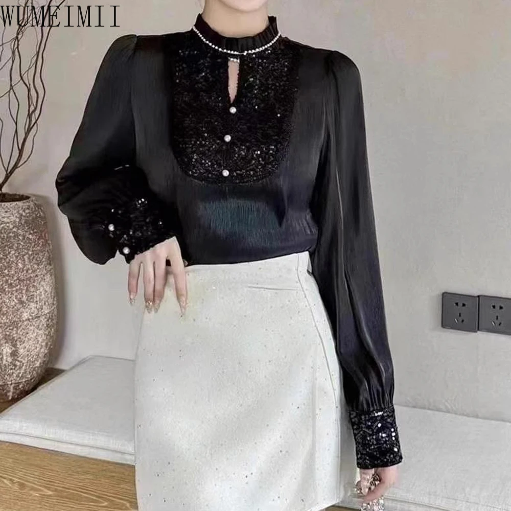 sequined shirt women's high-end sense of light luxury  2025 spring new design sense slim top  blusa mujer