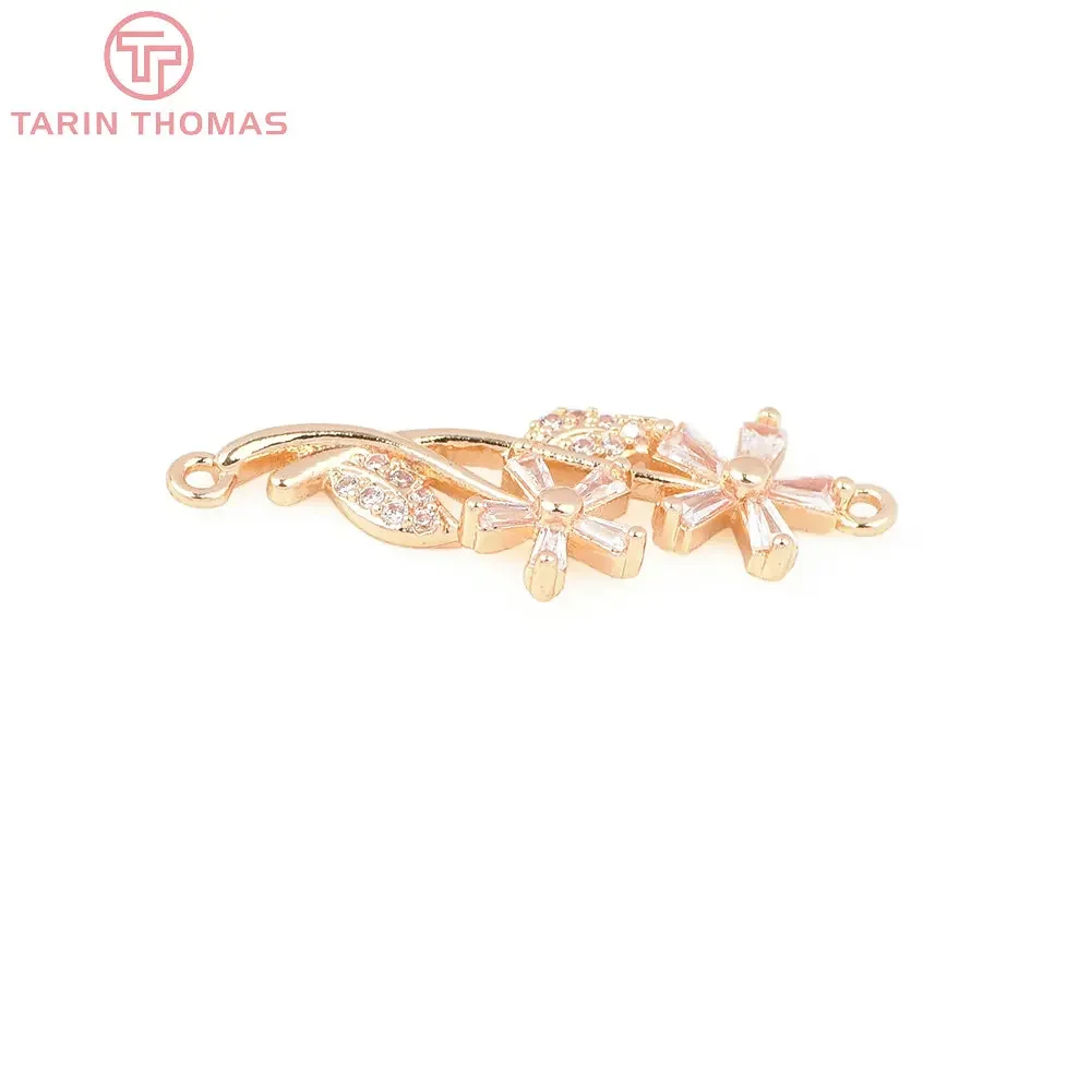 Flower Shaped Latão Pingentes Conector, Double Holes, Zircon, Descobertas Jóias DIY, 24K Cor do Ouro, 8178, 4Pcs, 11x30.5mm