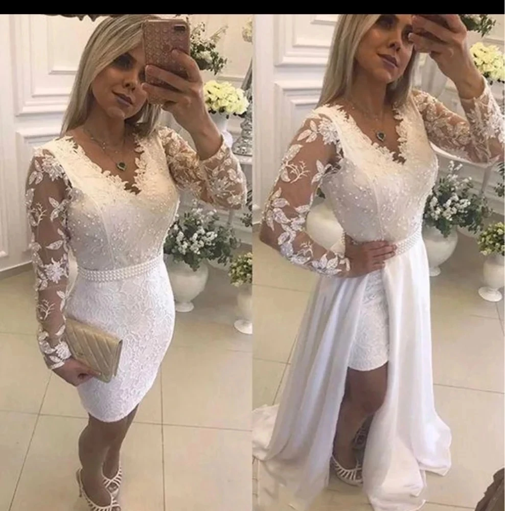 

ANGELSBRIDEP Wedding Dress A-Line Lace Fashion Sash Vintage Appliques Pearls V-Neck Detachable Court Train Skirt Bride Dresses