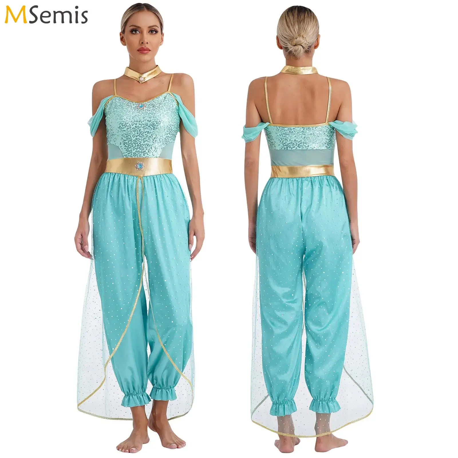 

Womens Belly Dance Arabian Princess Gems Adorned Sequin Romper Suit Halloween Cosplay Egypt Indian Princess Fancy Costumes