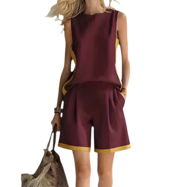 Contrast Color Sleeveless Top and Shorts Set Fashion Casual Two Piece Outfit for Women - Image 5