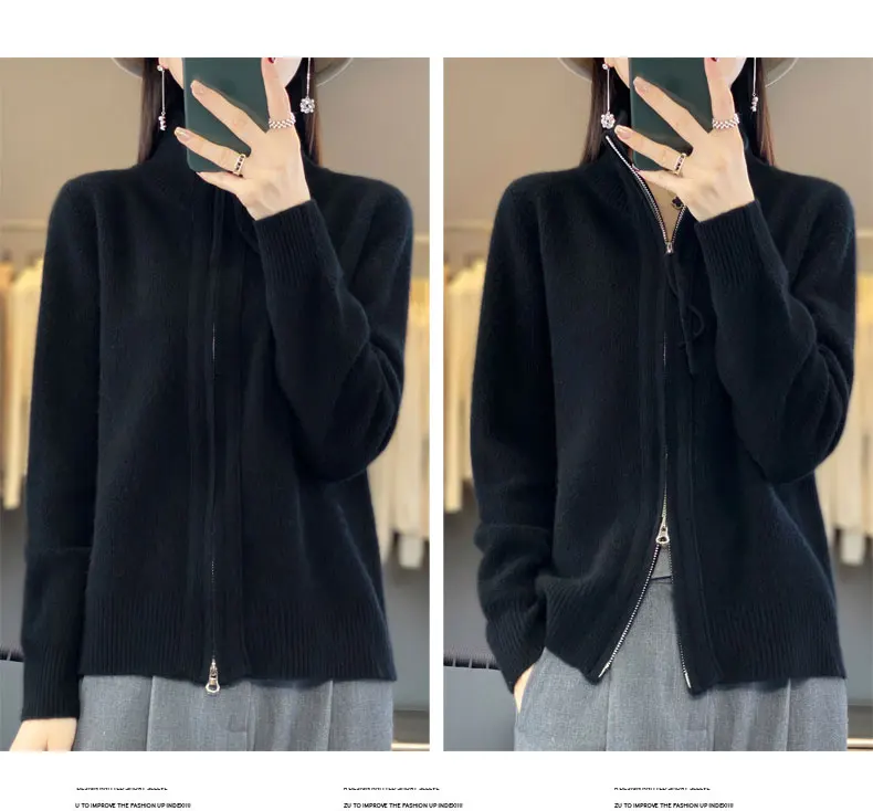 Autumn And Winter New Thick Two-Way Zipper Wool Cardigan Women's Loose Casual Sweater Solid Color Knitted Cashmere Coat