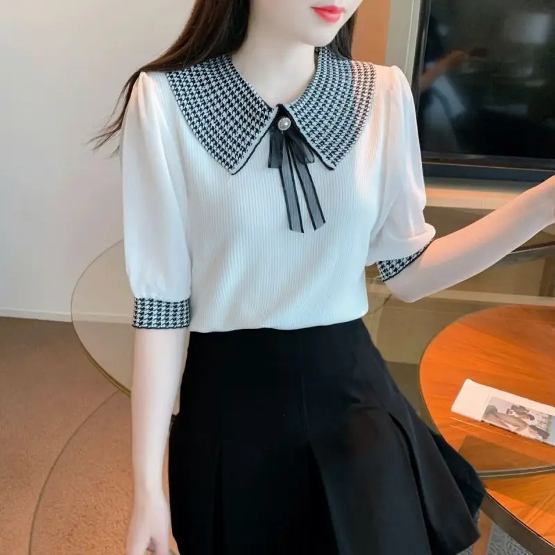 2024 New Summer Office Lady Sweat Loose Casual Retro Korean Style Women's Shirt BOW Splicing Knitting O Neck Short Sleeve Tops