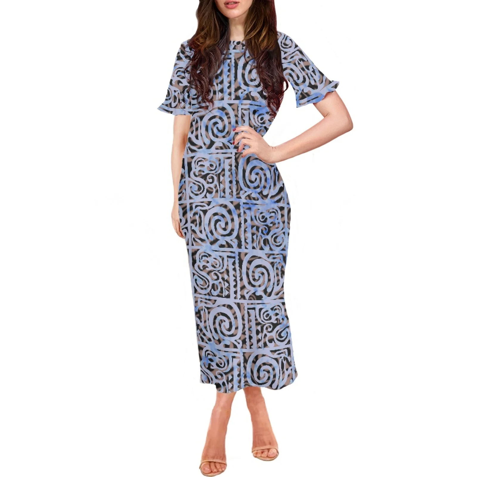 Polynesian Tribal Pohnpei Totem Tattoo Prints Short Petal Sleeve Holiday Party Clothing Fashionable Sexy Art Perfect Long Dress