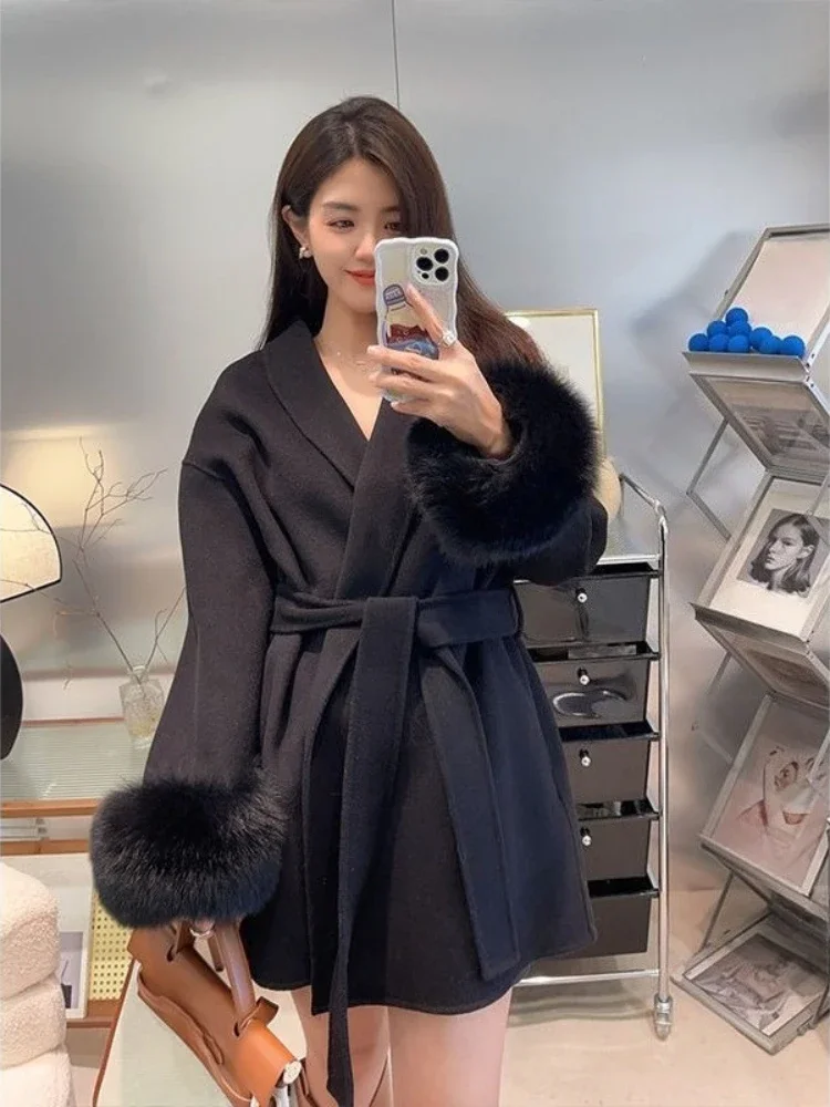 

Женское тонкое шерстяное пальто с завязанной лентой, короткие модные рукава из искусственного меха на осень-зиму
