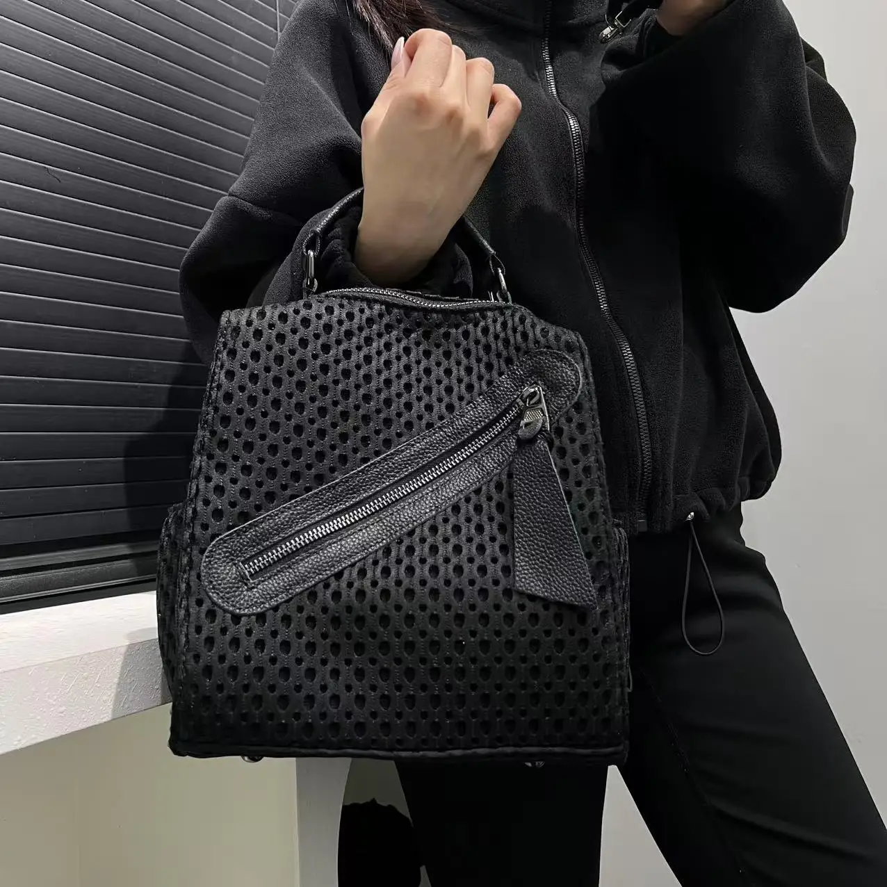 Mesh Panel Multi-Zipper Backpack Large Capacity Convertible Shoulder Bag Breathable Spacious Daypack Versatile Casual Travel Bag