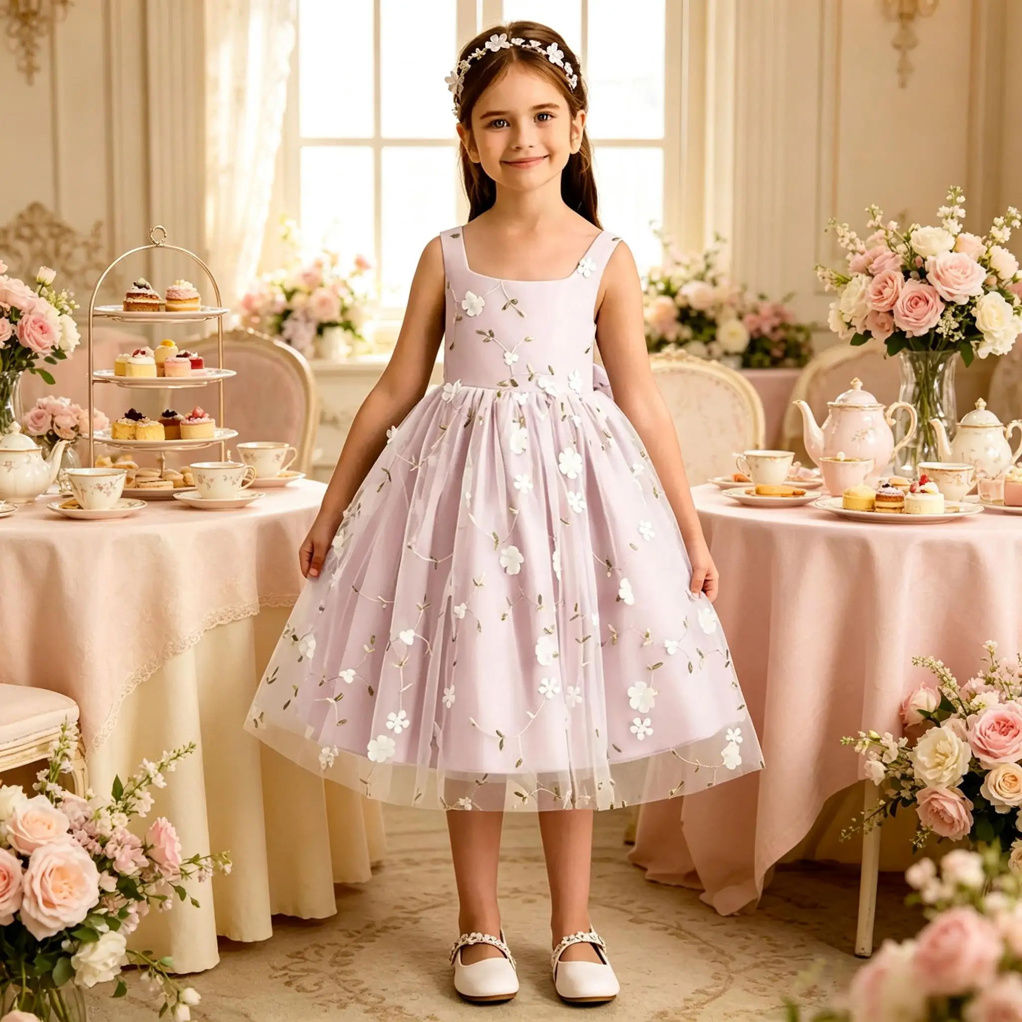 Cswdocy Romantic Pageant Dress Square Neck Embroidered Floral Tulle Midi Skirt Flower Girl Dress For Wedding Formal Party 2026