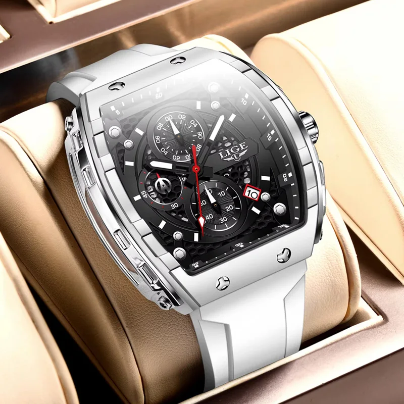 

LIGE Sport Chronograph Quartz Watch for Men Fashion Blue Silicone Strap Tonneau Dial Wristwatch with Date 3ATM Waterproof+Box