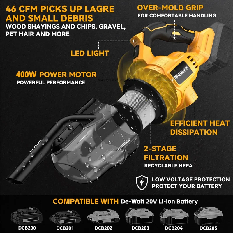 400W Cordless Multi-function Vacuum Cleaner 31000R/MIN Home DIY Vacuum Cleaner Can Be Directly Washed For DEWALT 20V Battery