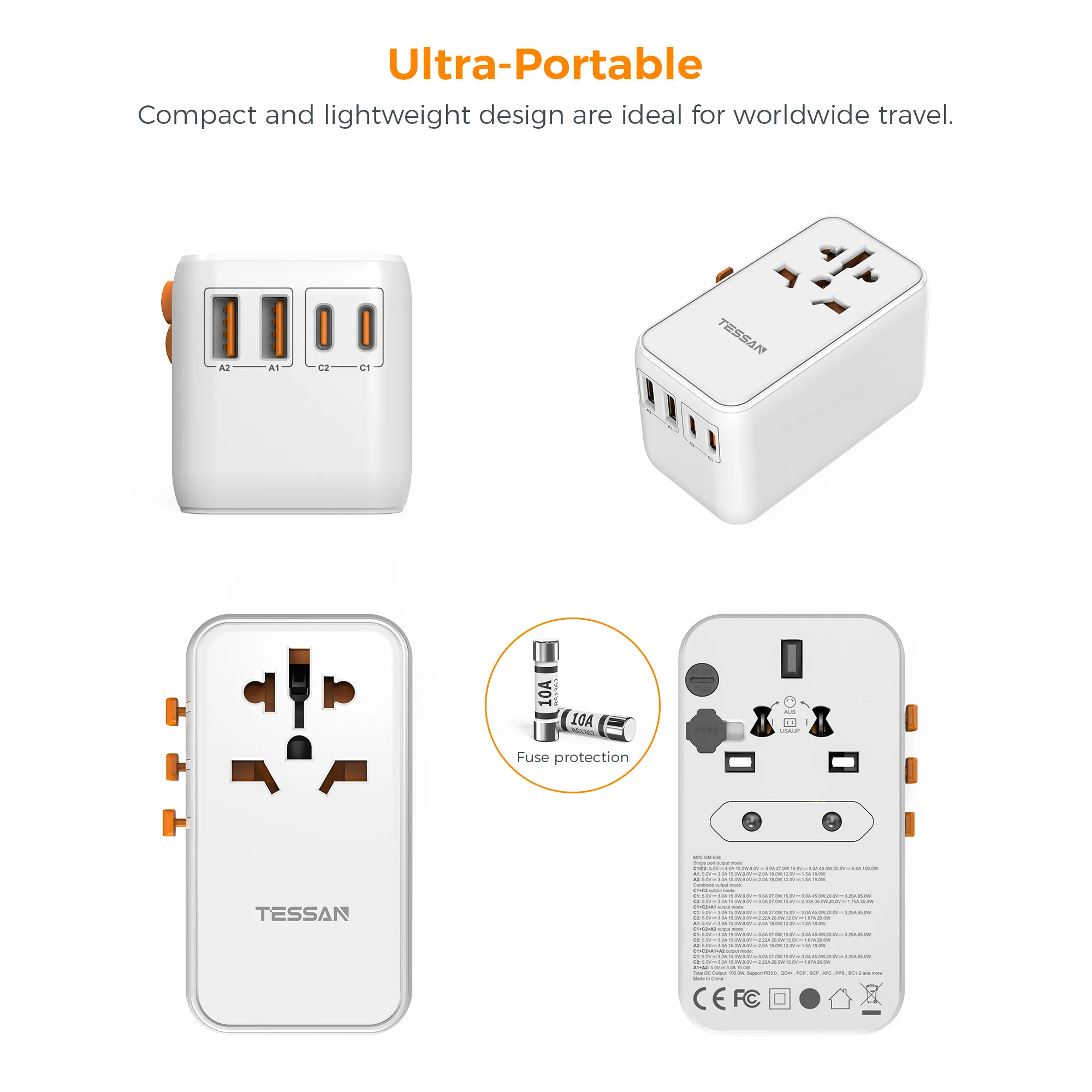 TESSAN-adaptador Universal GaN de viaje para todo el mundo, adaptador de corriente de carga rápida USB y tipo C, enchufe EU/UK/USA/AUS, 100W